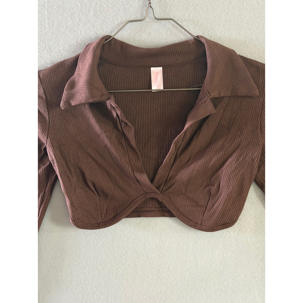 Dexire Womens S Crop Top Brown Excellent Ribbed Long Sleeve V-Neck Tulip Hem - Picture 9 of 9